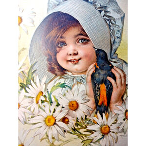 Victorian Art Print Daisy Girl Blackbird Lithograph 1907 Maud Humphrey Original